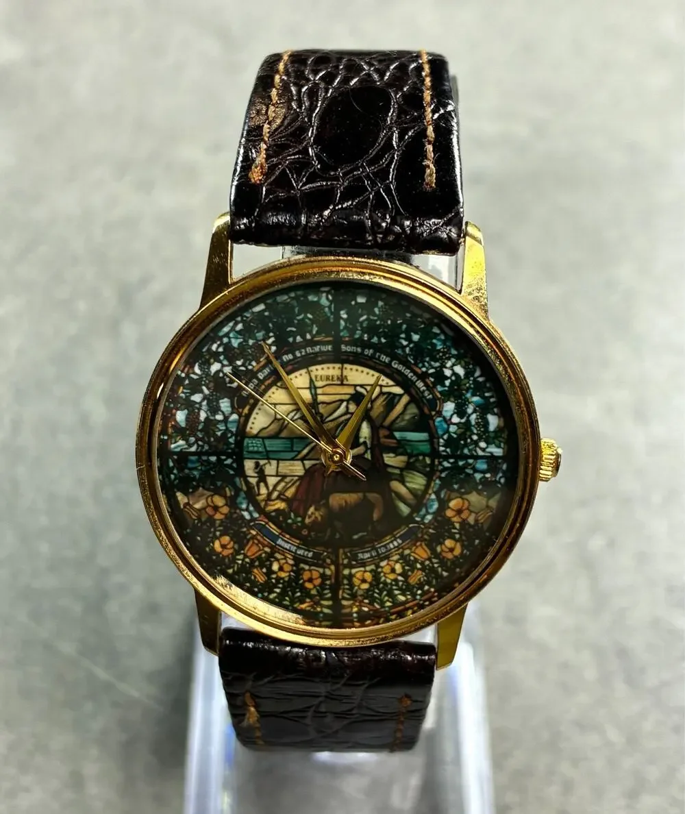 Vintage Men's Quartz Watch Gold Tone Multi-Colored Stained Glass Dial Working